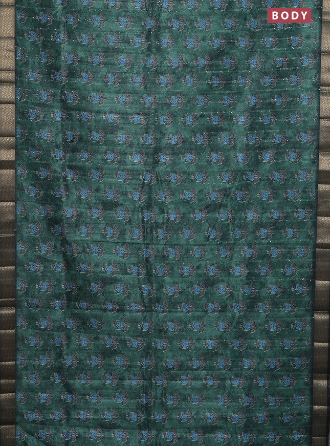 Semi tussar saree green and black with floral butta prints & sequin work and zari woven border