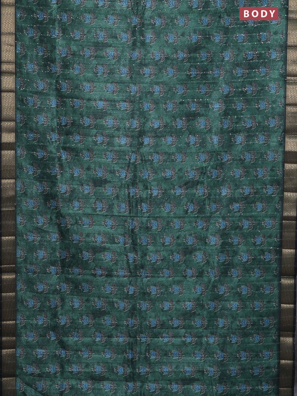 Semi tussar saree green and black with floral butta prints & sequin work and zari woven border