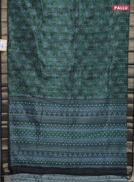 Semi tussar saree green and black with floral butta prints & sequin work and zari woven border