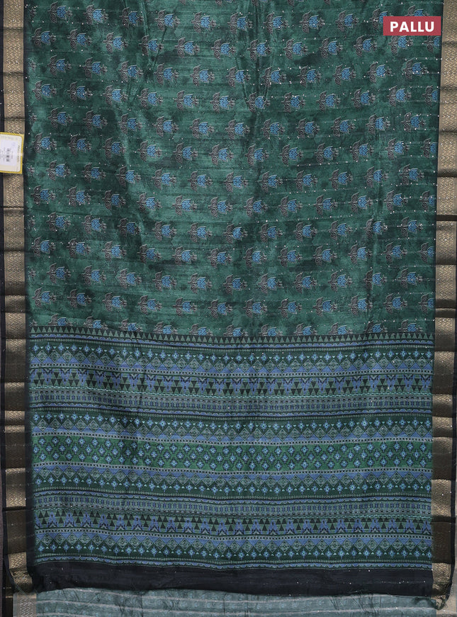 Semi tussar saree green and black with floral butta prints & sequin work and zari woven border