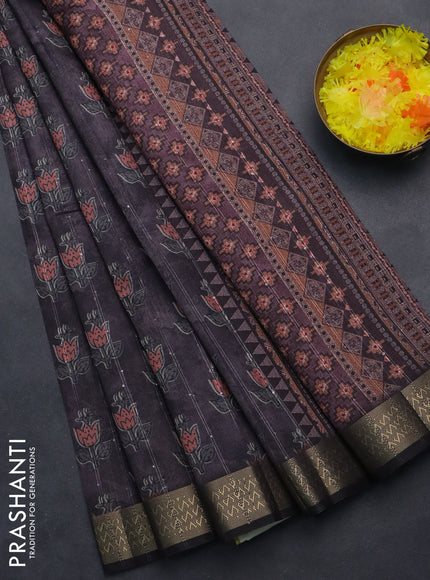 Semi tussar saree deep jamun and black with floral butta prints & sequin work and zari woven border