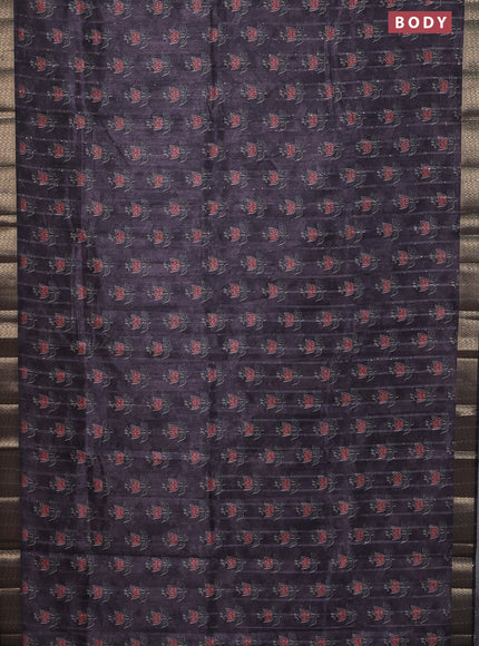 Semi tussar saree deep jamun and black with floral butta prints & sequin work and zari woven border