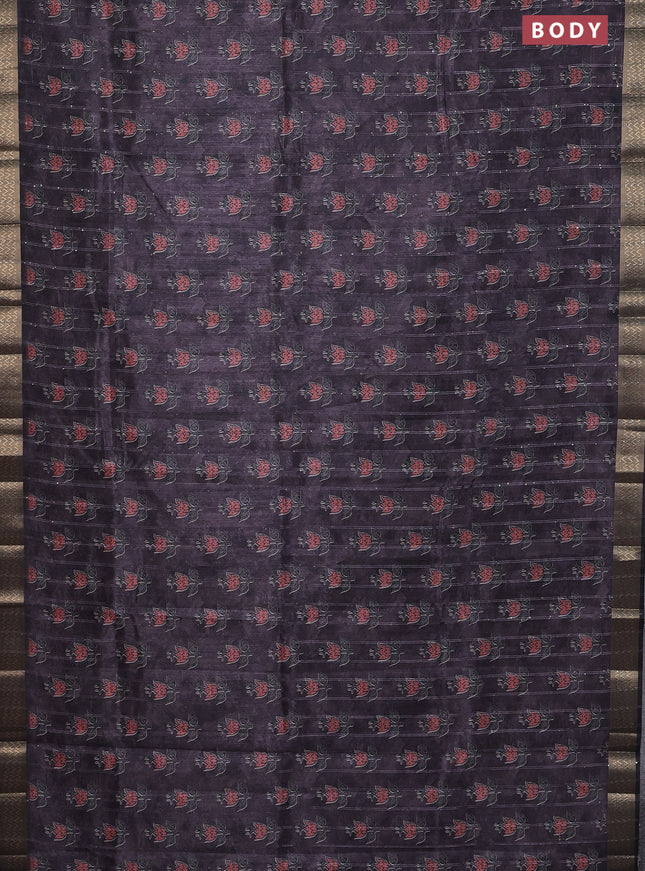 Semi tussar saree deep jamun and black with floral butta prints & sequin work and zari woven border