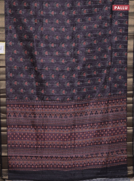 Semi tussar saree deep jamun and black with floral butta prints & sequin work and zari woven border