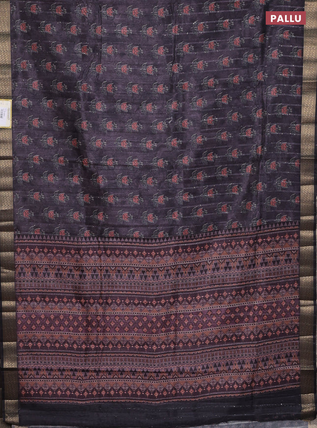 Semi tussar saree deep jamun and black with floral butta prints & sequin work and zari woven border