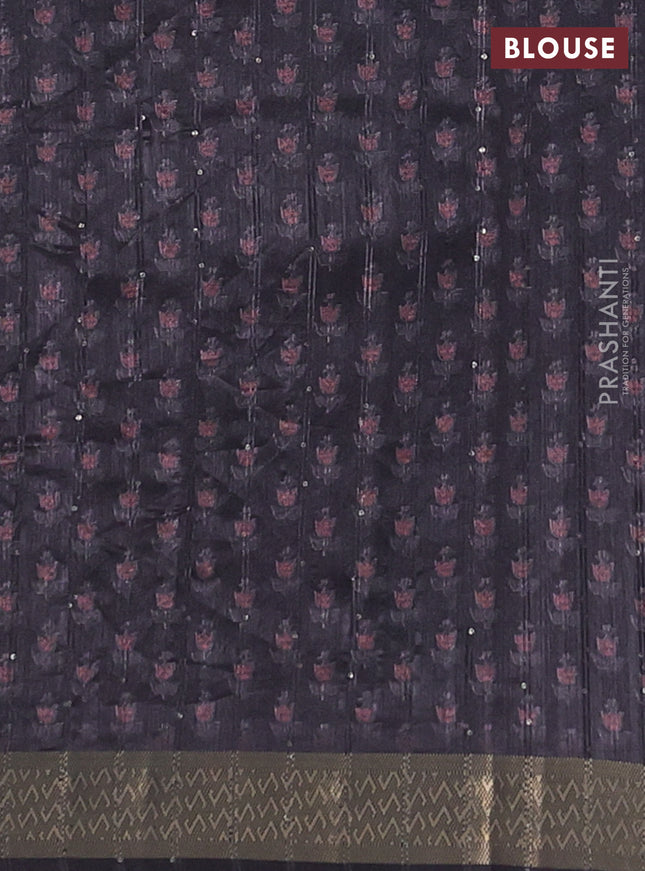 Semi tussar saree deep jamun and black with floral butta prints & sequin work and zari woven border