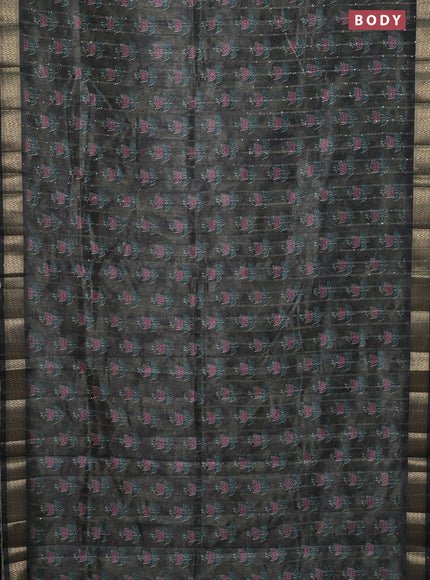 Semi tussar saree sap green and black with floral butta prints & sequin work and zari woven border