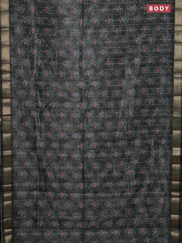 Semi tussar saree sap green and black with floral butta prints & sequin work and zari woven border