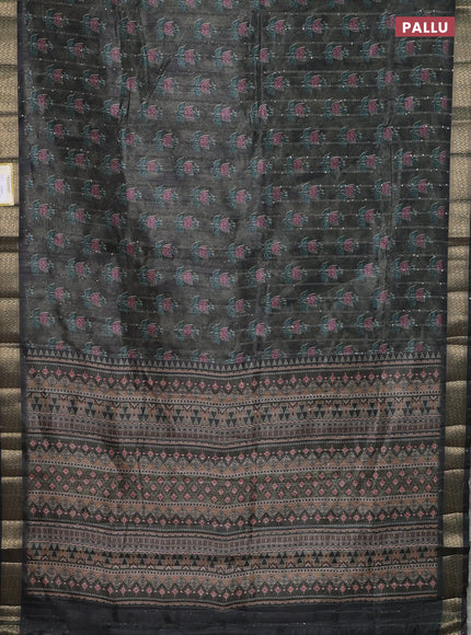Semi tussar saree sap green and black with floral butta prints & sequin work and zari woven border