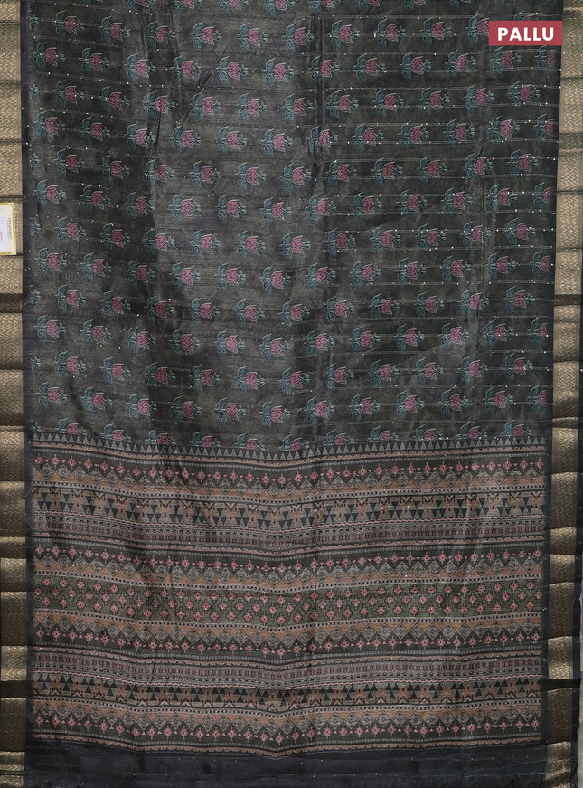 Semi tussar saree sap green and black with floral butta prints & sequin work and zari woven border