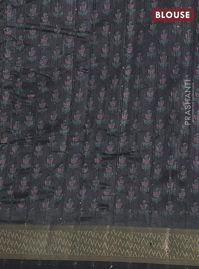 Semi tussar saree sap green and black with floral butta prints & sequin work and zari woven border