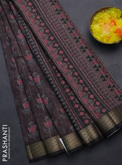 Semi tussar saree brown and black with floral butta prints & sequin work and zari woven border