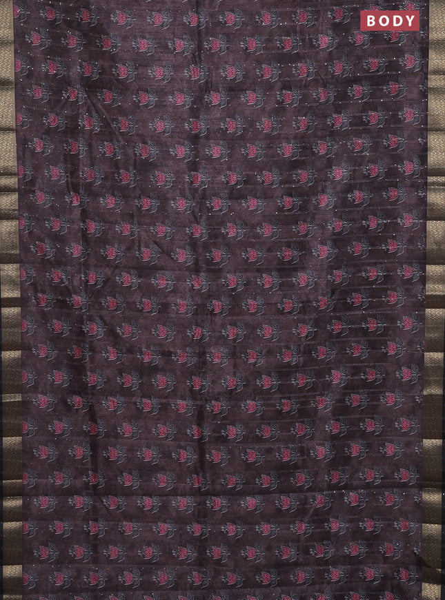 Semi tussar saree brown and black with floral butta prints & sequin work and zari woven border