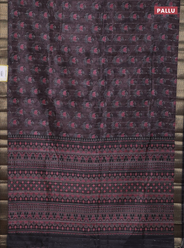 Semi tussar saree brown and black with floral butta prints & sequin work and zari woven border