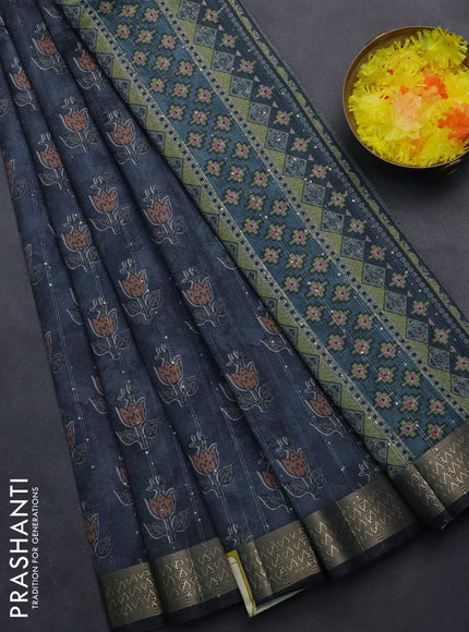 Semi tussar saree grey and black with floral butta prints & sequin work and zari woven border