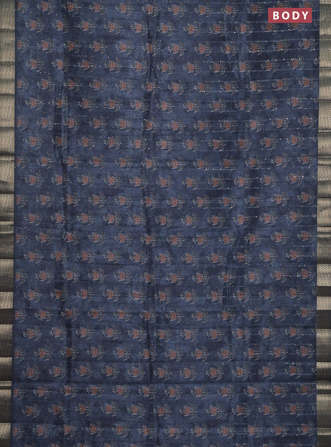 Semi tussar saree grey and black with floral butta prints & sequin work and zari woven border