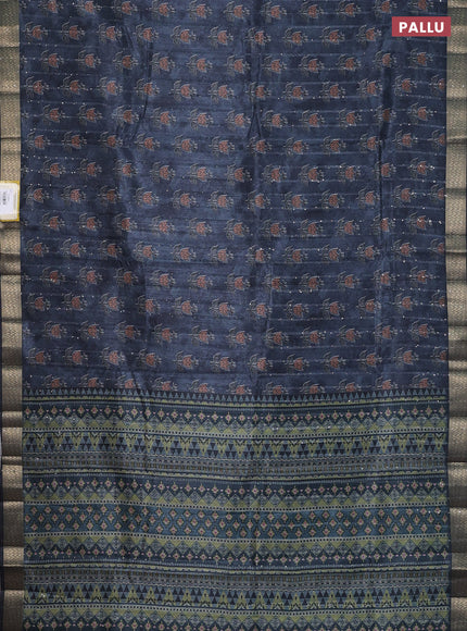 Semi tussar saree grey and black with floral butta prints & sequin work and zari woven border