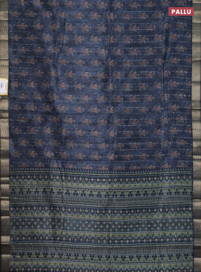 Semi tussar saree grey and black with floral butta prints & sequin work and zari woven border