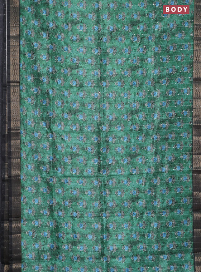 Semi tussar saree green and black with floral butta prints & sequin work and zari woven border