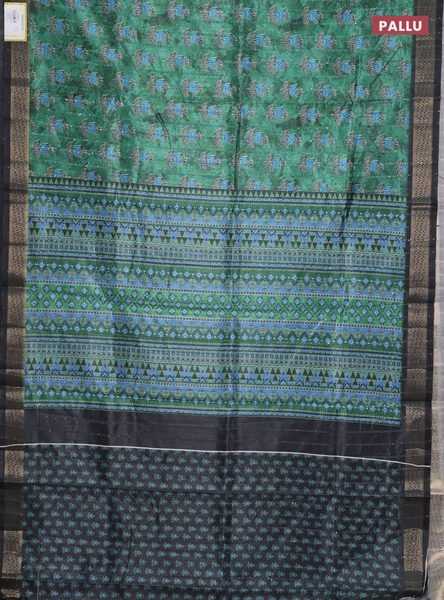 Semi tussar saree green and black with floral butta prints & sequin work and zari woven border