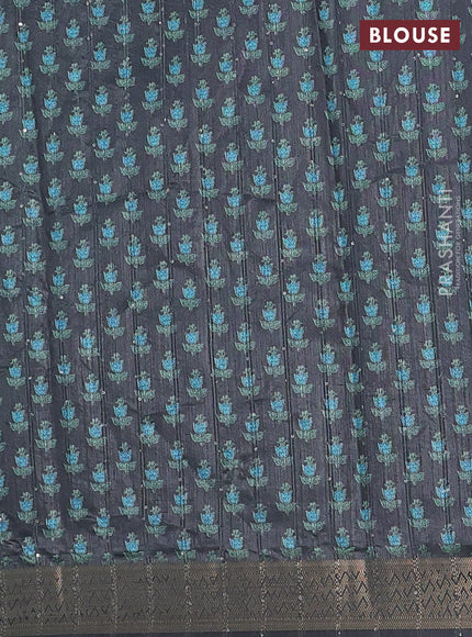 Semi tussar saree green and black with floral butta prints & sequin work and zari woven border