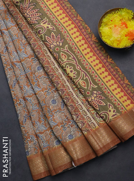 Semi tussar saree mustard yellow with allover kalamkari prints & sequin work and zari woven border