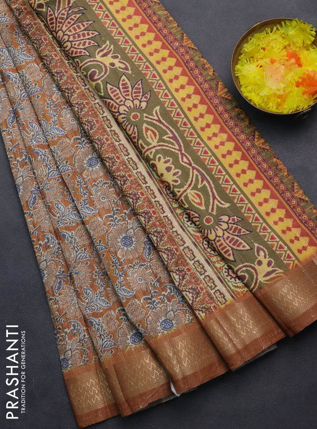 Semi tussar saree mustard yellow with allover kalamkari prints & sequin work and zari woven border