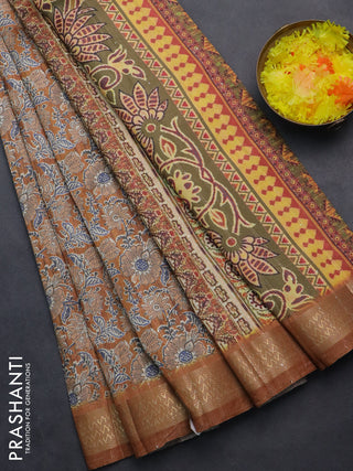 Semi tussar saree mustard yellow with allover kalamkari prints & sequin work and zari woven border