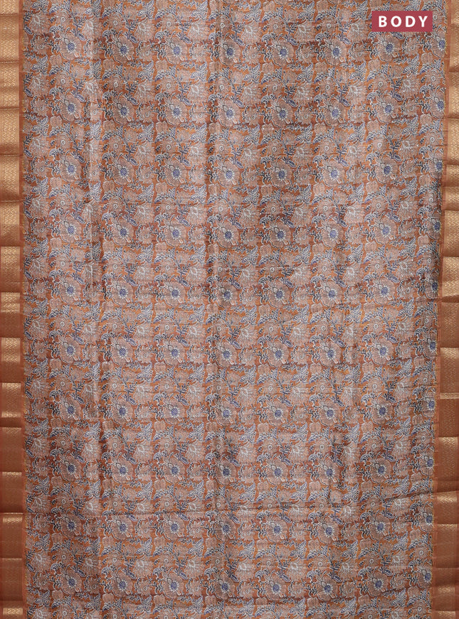 Semi tussar saree mustard yellow with allover kalamkari prints & sequin work and zari woven border