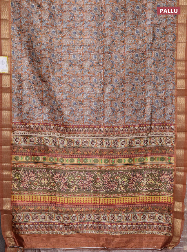 Semi tussar saree mustard yellow with allover kalamkari prints & sequin work and zari woven border