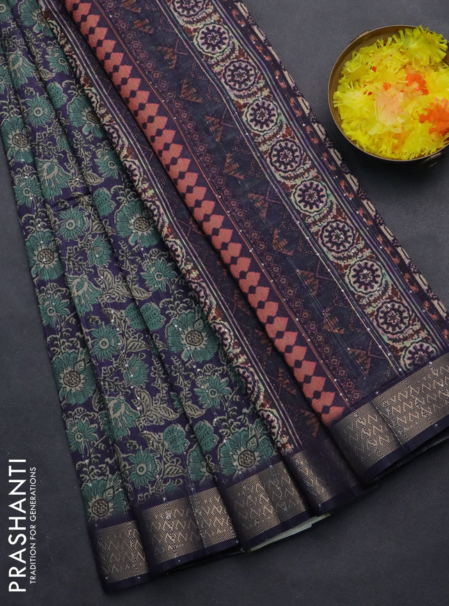 Semi tussar saree violet with allover kalamkari prints & sequin work and zari woven border