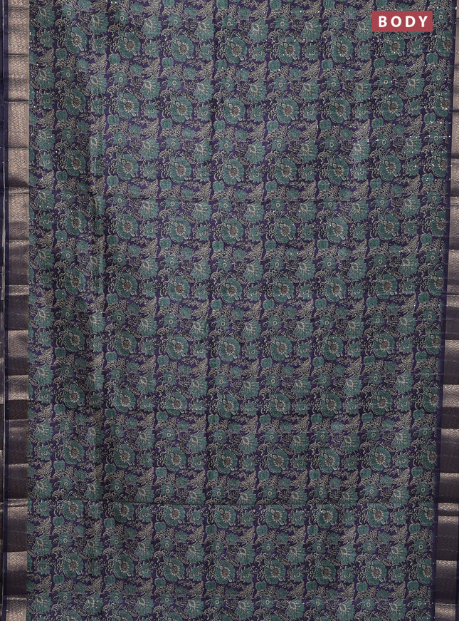 Semi tussar saree violet with allover kalamkari prints & sequin work and zari woven border