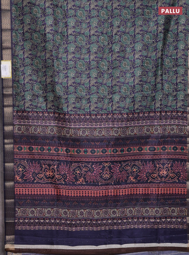 Semi tussar saree violet with allover kalamkari prints & sequin work and zari woven border