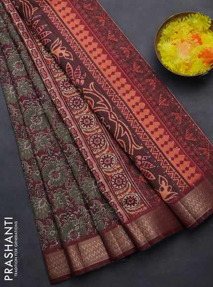 Semi tussar saree deep maroon with allover kalamkari prints & sequin work and zari woven border