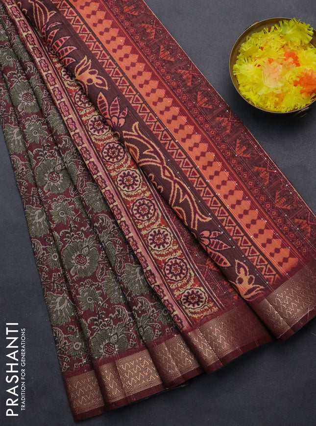 Semi tussar saree deep maroon with allover kalamkari prints & sequin work and zari woven border