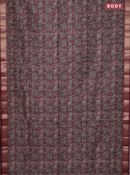 Semi tussar saree deep maroon with allover kalamkari prints & sequin work and zari woven border