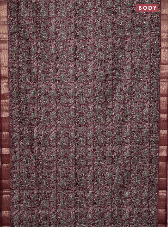 Semi tussar saree deep maroon with allover kalamkari prints & sequin work and zari woven border