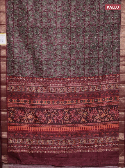 Semi tussar saree deep maroon with allover kalamkari prints & sequin work and zari woven border