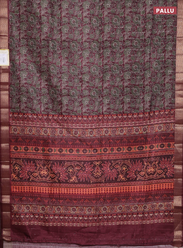 Semi tussar saree deep maroon with allover kalamkari prints & sequin work and zari woven border