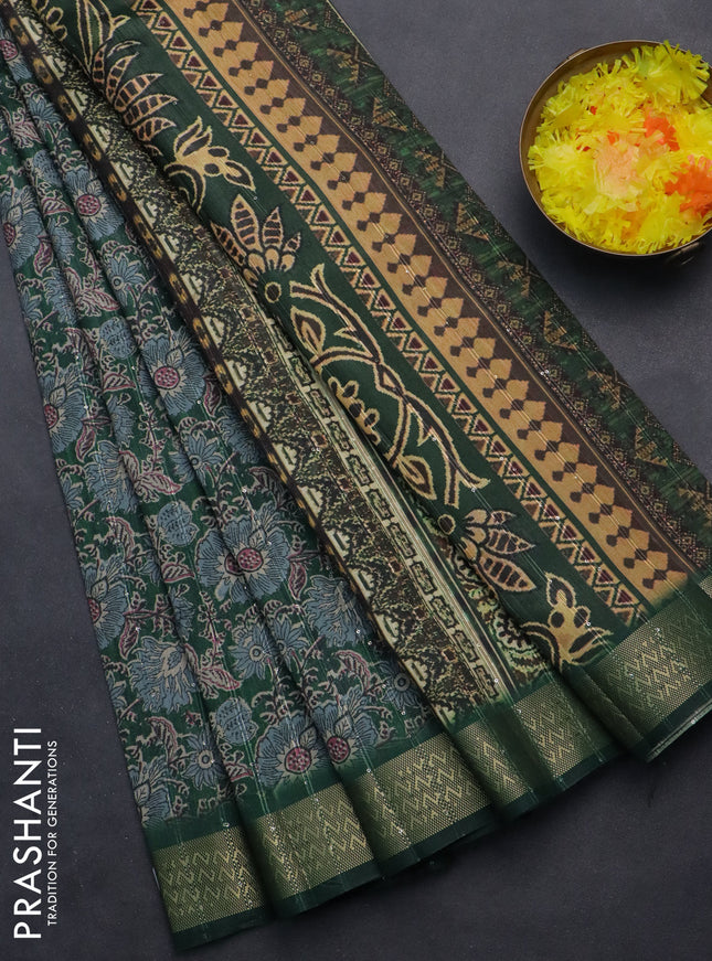 Semi tussar saree green with allover kalamkari prints & sequin work and zari woven border