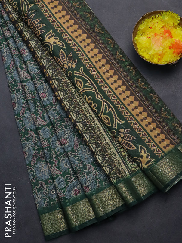 Semi tussar saree green with allover kalamkari prints & sequin work and zari woven border