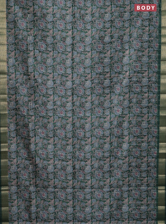 Semi tussar saree green with allover kalamkari prints & sequin work and zari woven border