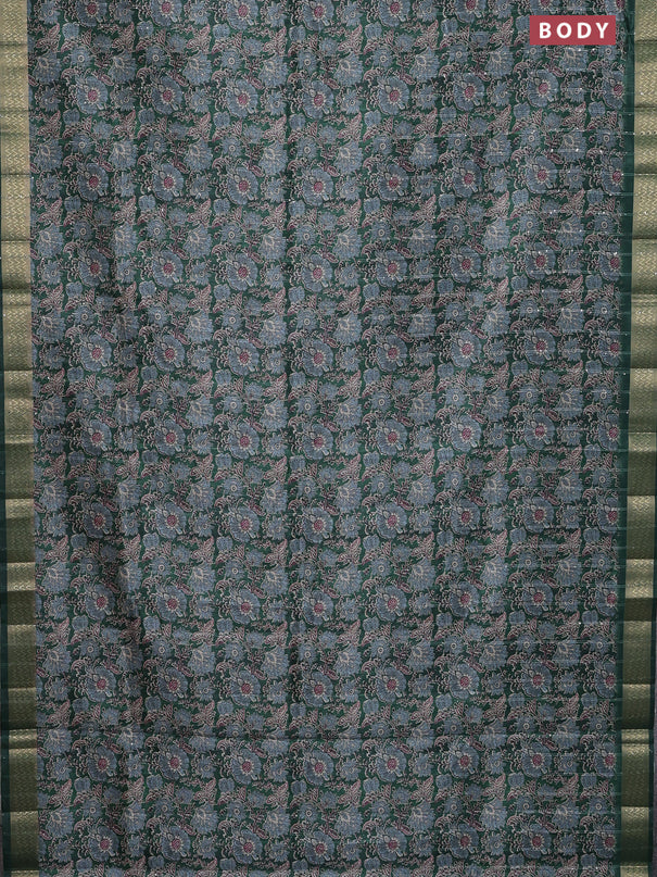 Semi tussar saree green with allover kalamkari prints & sequin work and zari woven border