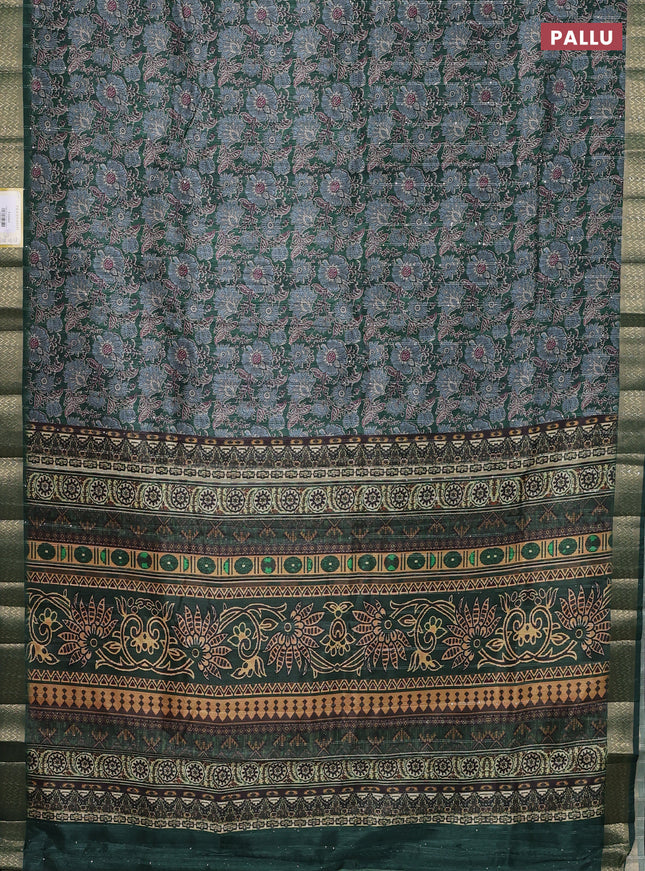 Semi tussar saree green with allover kalamkari prints & sequin work and zari woven border