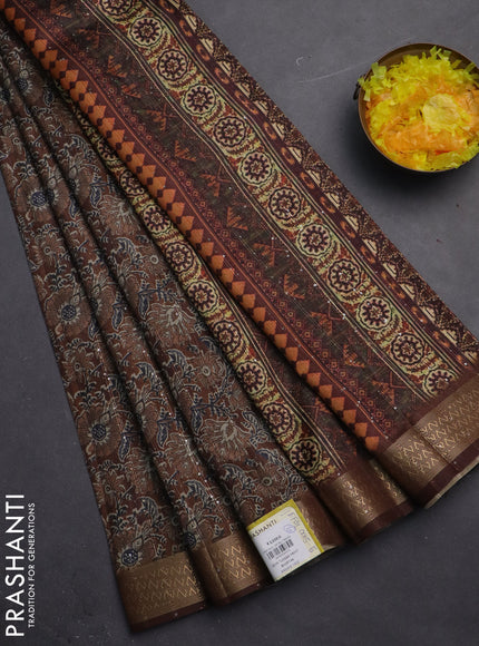 Semi tussar saree brown with allover kalamkari prints & sequin work and zari woven border
