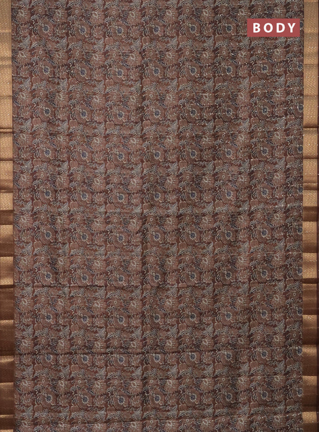 Semi tussar saree brown with allover kalamkari prints & sequin work and zari woven border