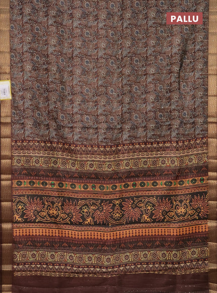 Semi tussar saree brown with allover kalamkari prints & sequin work and zari woven border