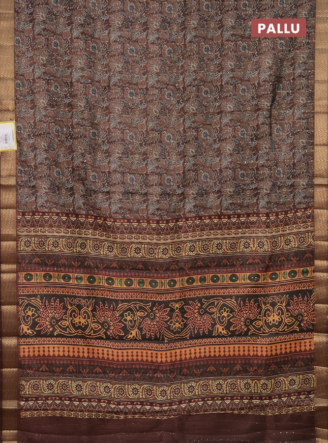 Semi tussar saree brown with allover kalamkari prints & sequin work and zari woven border