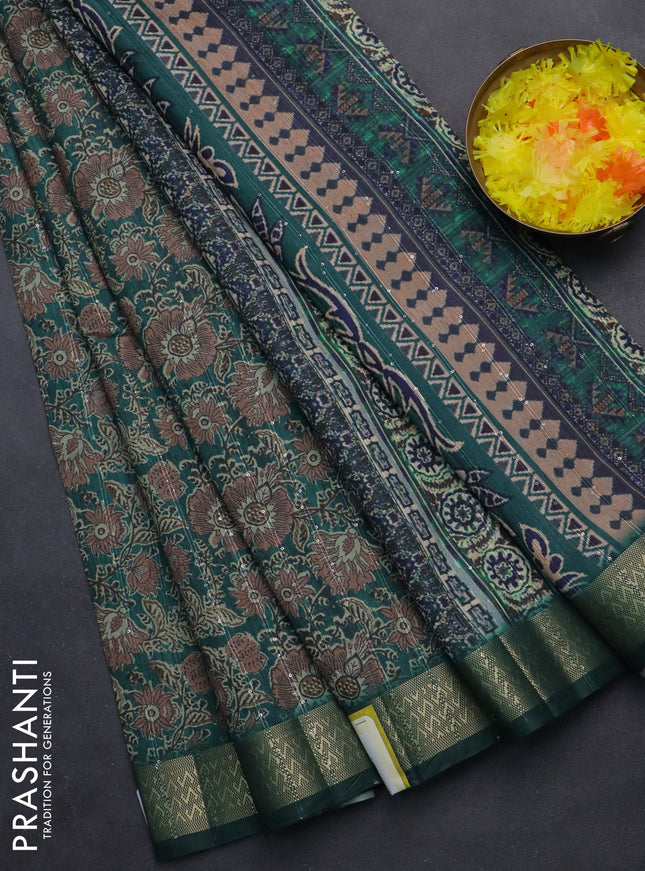 Semi tussar saree green with allover kalamkari prints & sequin work and zari woven border