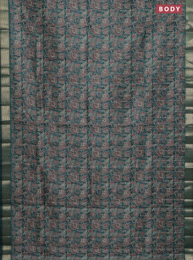 Semi tussar saree green with allover kalamkari prints & sequin work and zari woven border